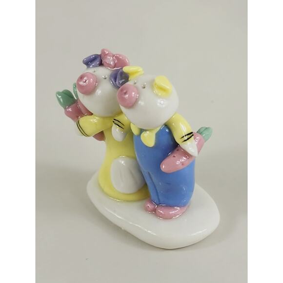 Mini Pig Piglet Piggy Cute Couple w/ Carrots 1 1/2" Pottery Figurine 90s Vintage - Picture 4 of 13